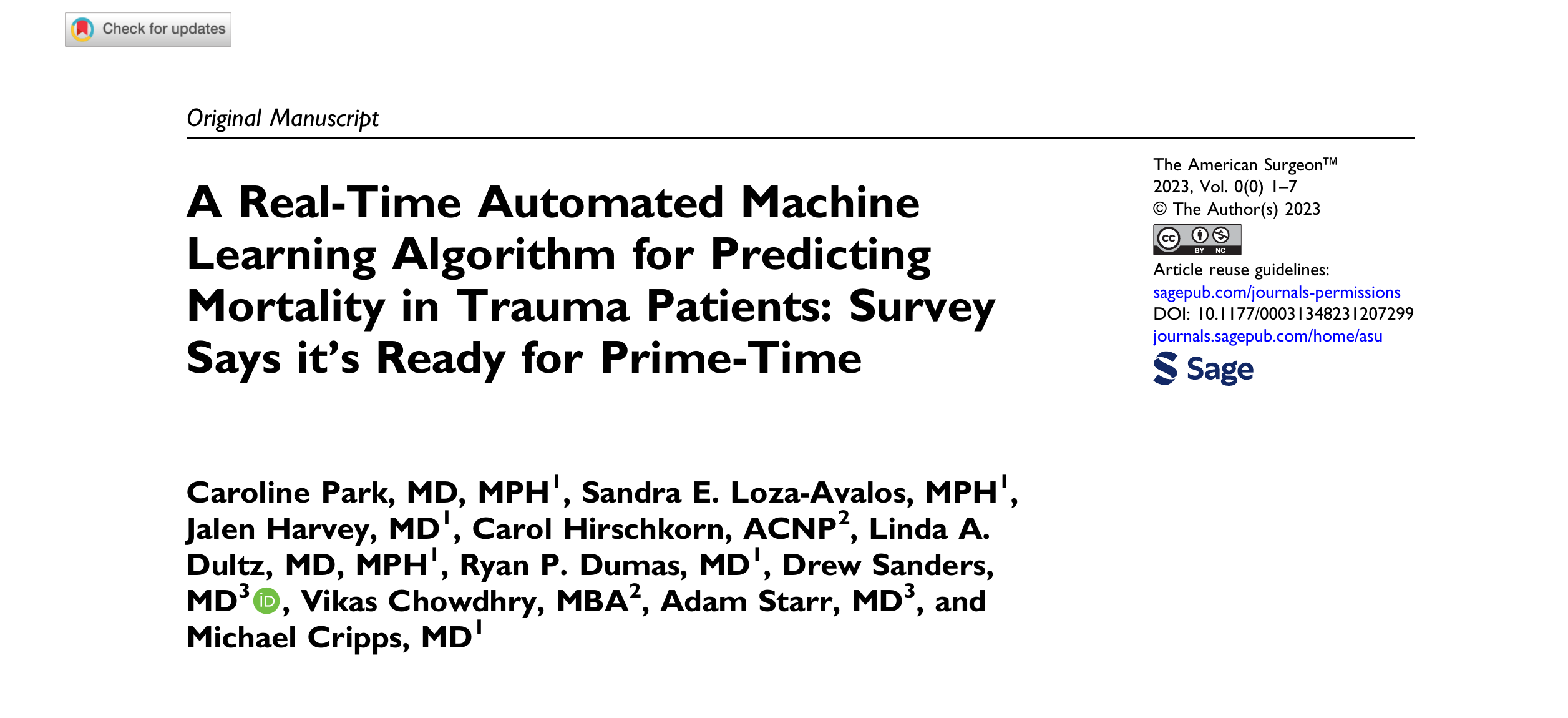The American Surgeon — A Real-Time Automated Machine Learning Algorithm for Predicting Mortality in Trauma Patients
